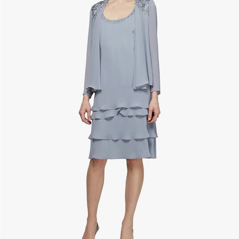 S.L. Fashions Silver Gray Beaded Chiffon Dress & Jacket – Size 16